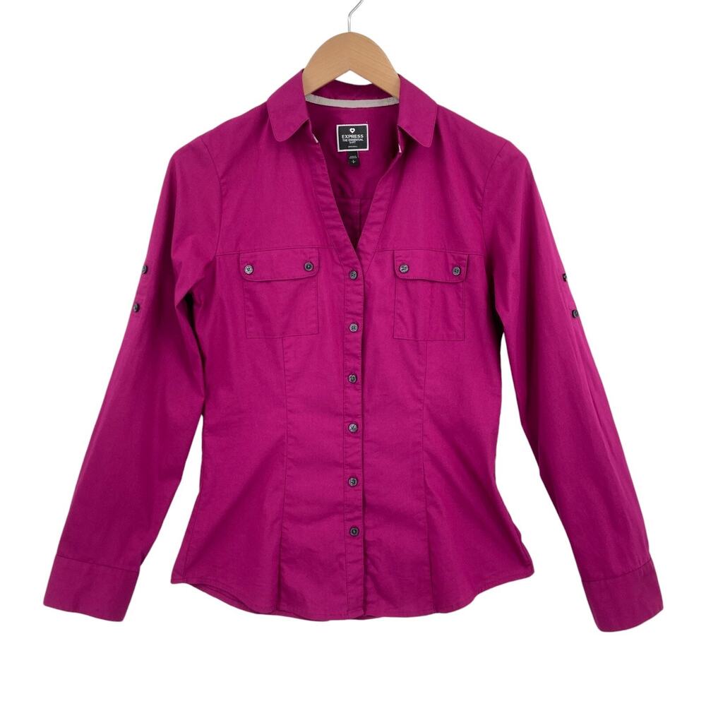 Express Shirt Top Women Small Purple Fuchsia Chest Pockets Essential Button Down